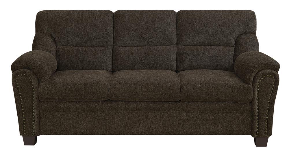 Clementine Upholstered Sofa with Nailhead Trim Brown